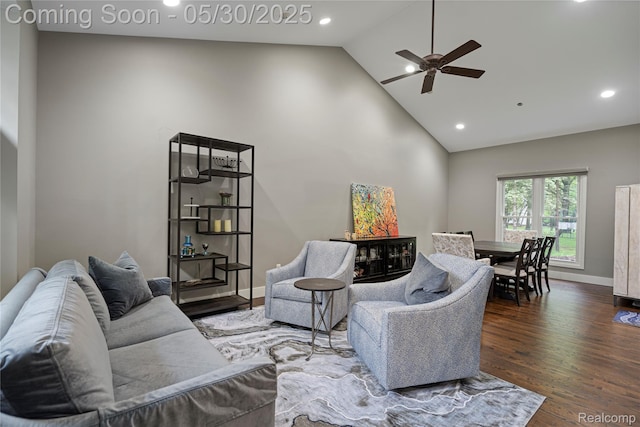 2640 Water Oaks Dr, West Bloomfield, MI 48324 - living area with high vaulted ceiling, ceiling fan, wood finished floors, baseboards, and recessed lighting