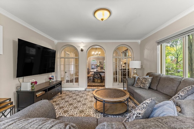 21975 Wildwood St, Dearborn, MI 48128 - living area featuring crown molding, french doors, and arched walkways