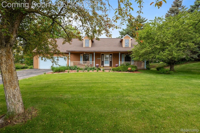 61472 Tayberry Cir S, Lyon, MI 48178 - cape cod home featuring a porch, asphalt driveway, a front yard, and a garage