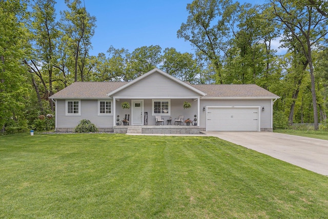 631 N Hilton Park Rd, Muskegon, MI 49442 - view of front of house with a porch, an attached garage, driveway, a front lawn, and a shingled roof