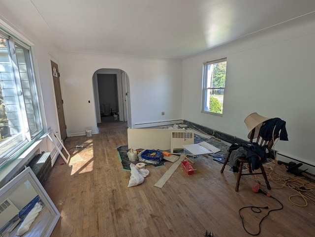 329 E Main St, Spring Arbor, MI 49283 - interior space featuring arched walkways, wood-type flooring, baseboard heating, a baseboard radiator, and baseboards