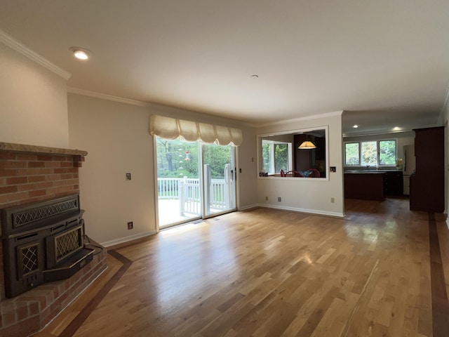 1749 42nd St, Allegan, MI 49010 - unfurnished living room with ornamental molding, baseboards, wood finished floors, and a sink