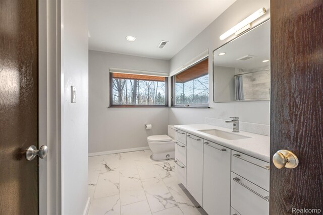 1000 Forest Ln, Bloomfield Hills, MI 48301 - bathroom with marble finish floors, vanity, toilet, baseboards, and recessed lighting