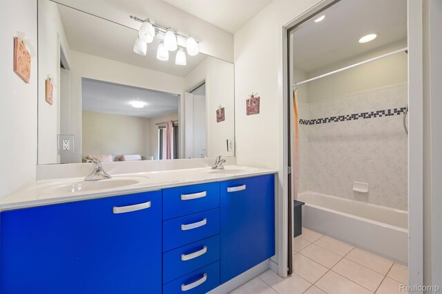 1000 Forest Ln, Bloomfield Hills, MI 48301 - full bath with tile patterned floors, double vanity, and shower / bath combo with shower curtain