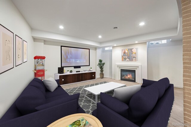 1000 Forest Ln, Bloomfield Hills, MI 48301 - cinema room featuring a glass covered fireplace, recessed lighting, and carpet floors