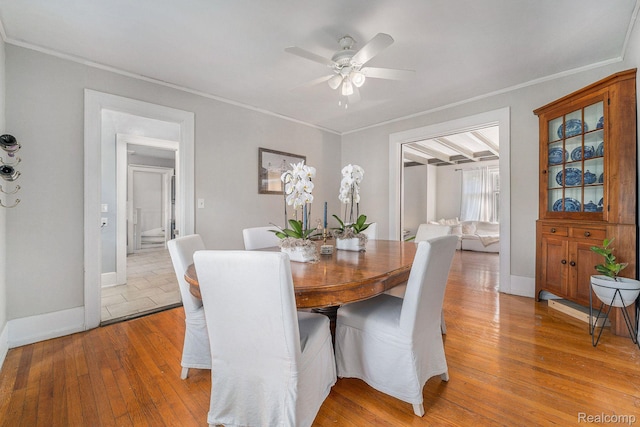 8123 E Lafayette St, Detroit, MI 48214 - dining space featuring ornamental molding, ceiling fan, light wood-style floors, and baseboards