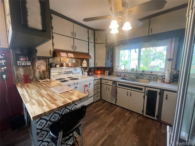 1264 Brabbs St, Burton, MI 48509 - kitchen with white electric stove, a ceiling fan, dark wood finished floors, a sink, and a peninsula