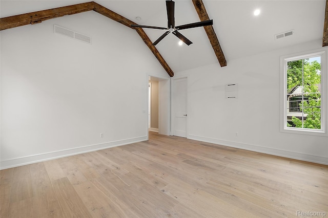 1626 Maryland Blvd, Birmingham, MI 48009 - unfurnished room with a ceiling fan, beamed ceiling, high vaulted ceiling, baseboards, and light wood-type flooring