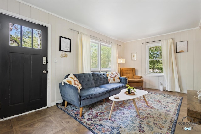 18335 Oakland Dr, New Buffalo, MI 49117 - living area with ornamental molding and wooden walls