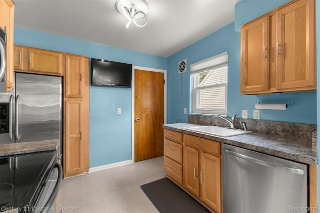 3135 Raymond Ave, Dearborn, MI 48124 - kitchen featuring appliances with stainless steel finishes, a sink, dark countertops, and light flooring