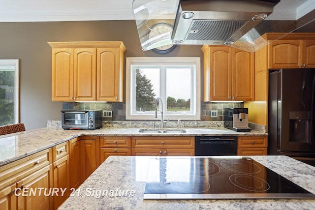 2170 Chestnut Rdg, Saginaw, MI 48609 - kitchen with a sink, black appliances, range hood, light stone counters, and ornamental molding