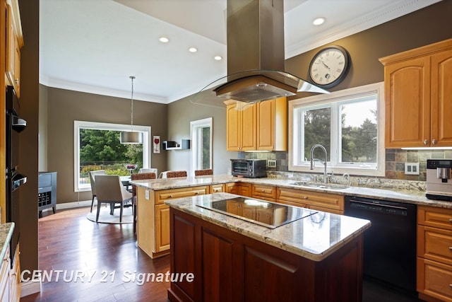 2170 Chestnut Rdg, Saginaw, MI 48609 - kitchen with a sink, black appliances, ornamental molding, island range hood, and a peninsula