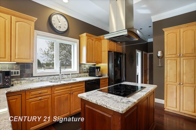 2170 Chestnut Rdg, Saginaw, MI 48609 - kitchen featuring black appliances, a sink, island range hood, light stone countertops, and ornamental molding