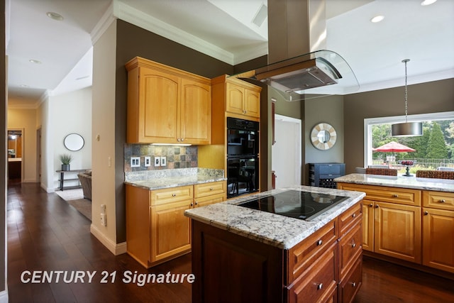 2170 Chestnut Rdg, Saginaw, MI 48609 - kitchen with black appliances, ornamental molding, island exhaust hood, decorative backsplash, and a center island