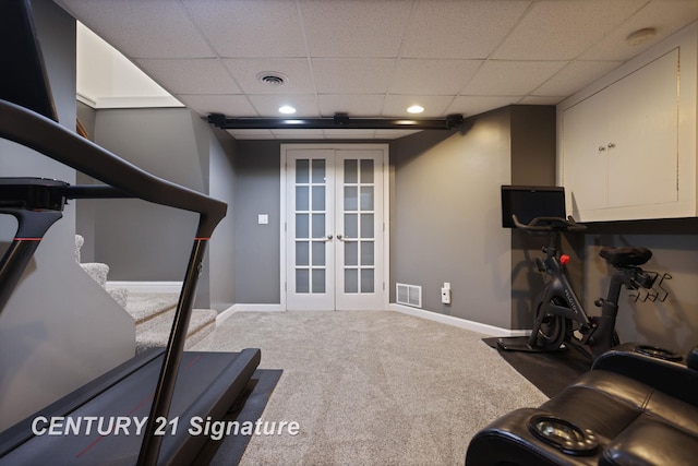 2170 Chestnut Rdg, Saginaw, MI 48609 - workout room featuring a paneled ceiling, french doors, carpet, recessed lighting, and baseboards