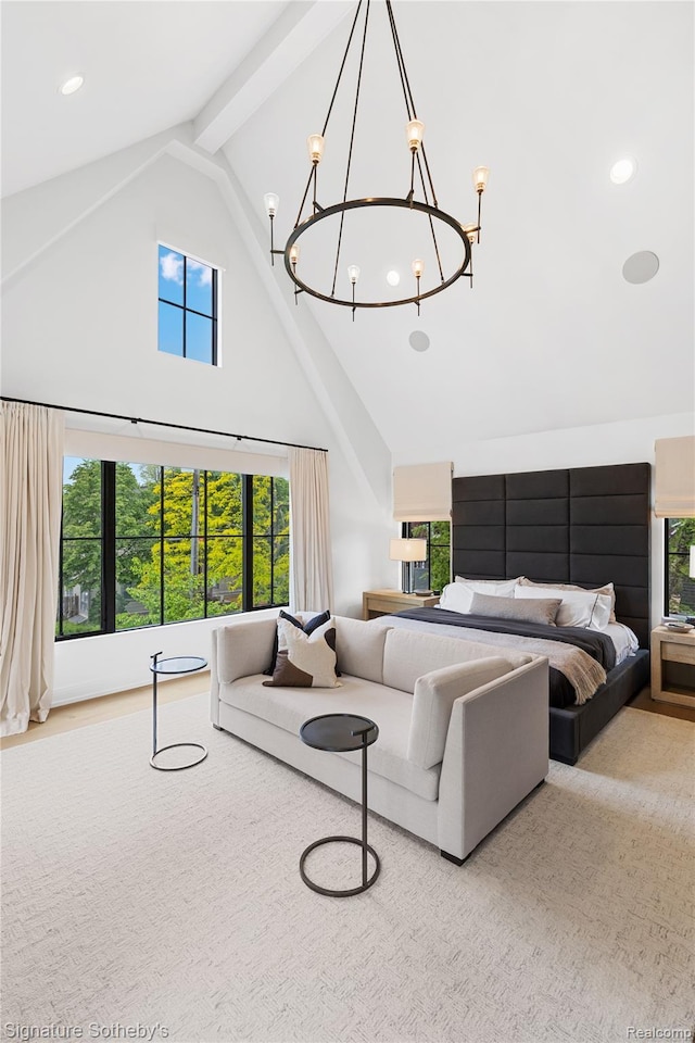 608 Stanley Blvd, Birmingham, MI 48009 - bedroom with a chandelier, high vaulted ceiling, recessed lighting, and beamed ceiling
