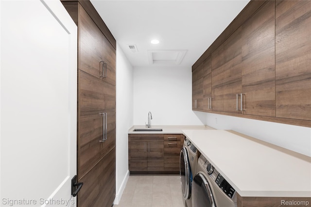 608 Stanley Blvd, Birmingham, MI 48009 - washroom with washer and clothes dryer, cabinet space, attic access, baseboards, and recessed lighting