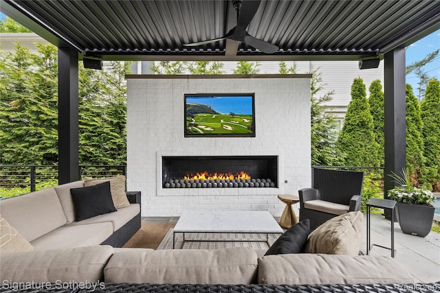 608 Stanley Blvd, Birmingham, MI 48009 - view of patio with an outdoor living space with a fireplace and a ceiling fan