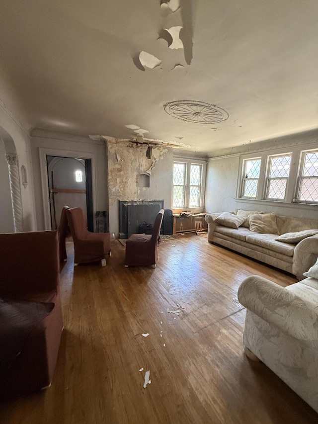 9142 Yorkshire Rd, Detroit, MI 48224 - living area with wood-type flooring, a fireplace, and arched walkways