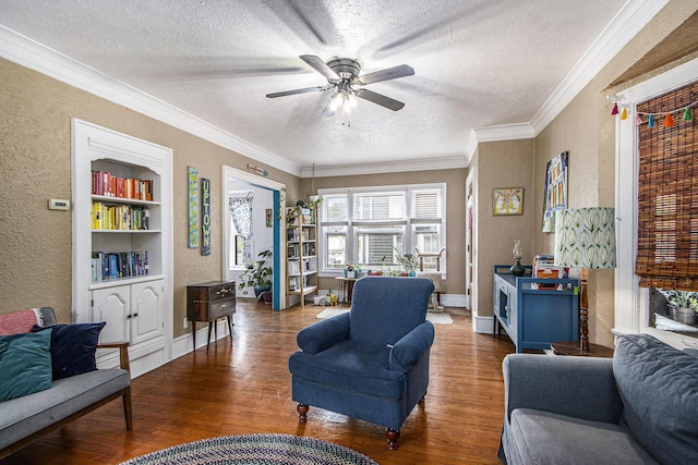 2313 S Westnedge Ave, Kalamazoo, MI 49008 - living room featuring a textured ceiling, a textured wall, wood finished floors, a ceiling fan, and ornamental molding