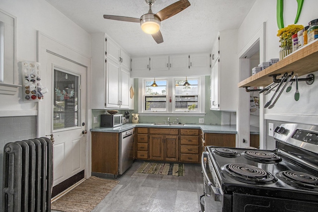 2313 S Westnedge Ave, Kalamazoo, MI 49008 - kitchen featuring appliances with stainless steel finishes, radiator, a ceiling fan, a sink, and open shelves