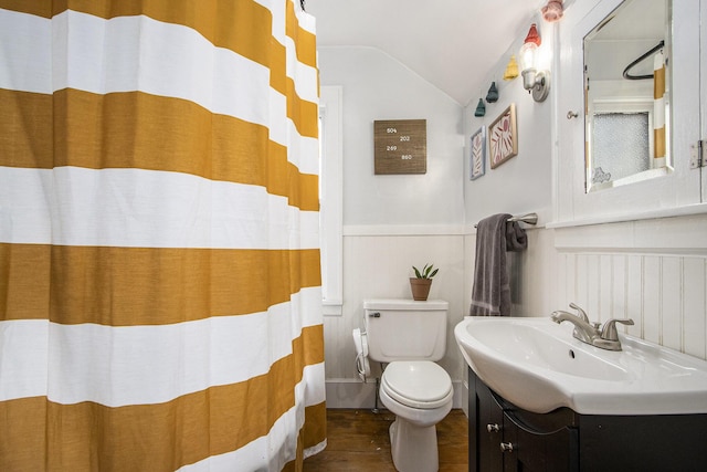 2313 S Westnedge Ave, Kalamazoo, MI 49008 - bathroom with lofted ceiling, toilet, vanity, wood finished floors, and a wainscoted wall