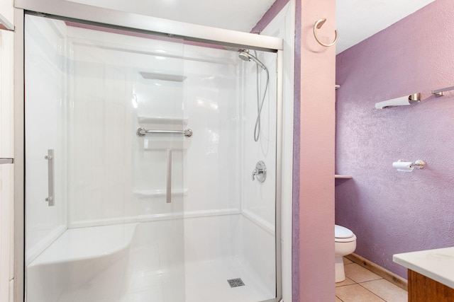 222 Oak St, South Haven, MI 49090 - bathroom featuring toilet, a shower stall, tile patterned flooring, vanity, and a textured wall