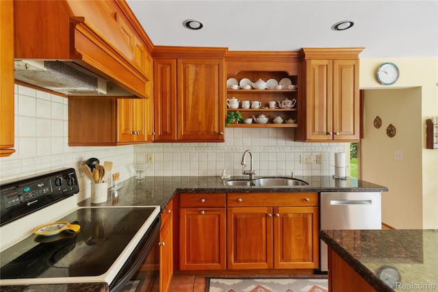 295 Oakbridge Dr, Rochester, MI 48306 - kitchen with electric range oven, custom exhaust hood, a sink, decorative backsplash, and dishwasher