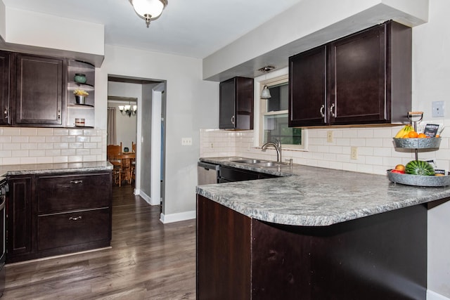 1419 Vassar Dr, Kalamazoo, MI 49001 - kitchen with dark brown cabinets, a sink, and decorative backsplash