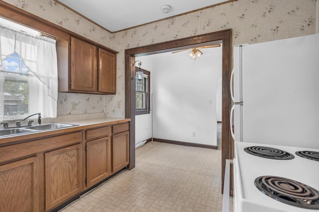 870 Bryant Ave, Jackson, MI 49202 - kitchen featuring wallpapered walls, white appliances, a sink, healthy amount of natural light, and brown cabinets