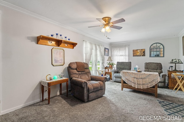 1070 Morningside St, Muskegon, MI 49442 - carpeted living area featuring crown molding, ceiling fan, and baseboards