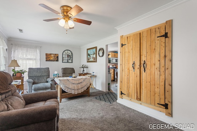 1070 Morningside St, Muskegon, MI 49442 - living room featuring crown molding, carpet flooring, ceiling fan, and baseboards