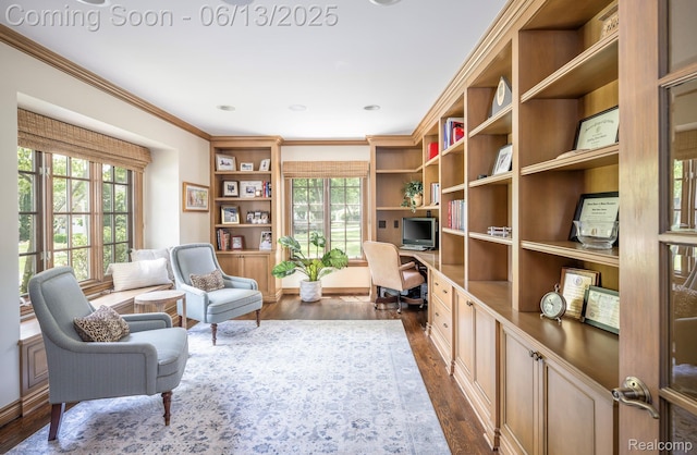 3320 Morningview Ter, Bloomfield Hills, MI 48301 - sitting room featuring plenty of natural light, dark wood-type flooring, crown molding, and built in desk