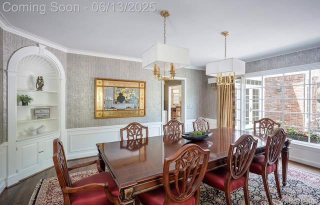 3320 Morningview Ter, Bloomfield Hills, MI 48301 - dining space with a chandelier, crown molding, wallpapered walls, wood finished floors, and wainscoting
