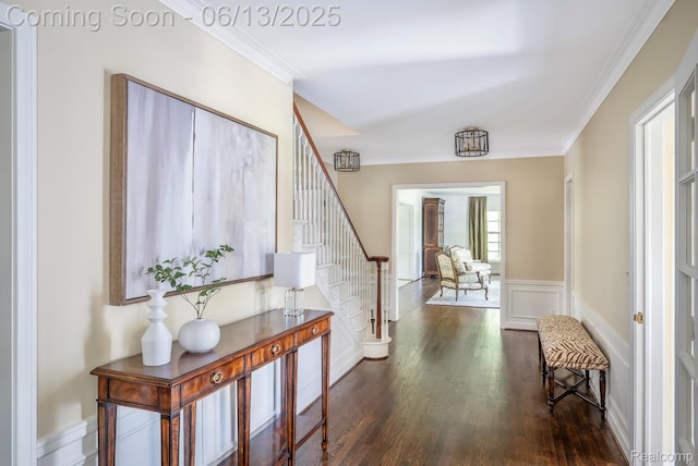 3320 Morningview Ter, Bloomfield Hills, MI 48301 - foyer with stairs, dark wood-style flooring, crown molding, and wainscoting