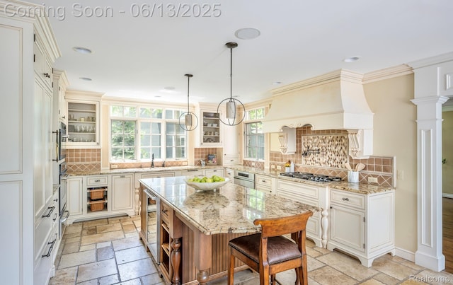 3320 Morningview Ter, Bloomfield Hills, MI 48301 - kitchen featuring beverage cooler, stainless steel appliances, stone tile flooring, tasteful backsplash, and light stone counters