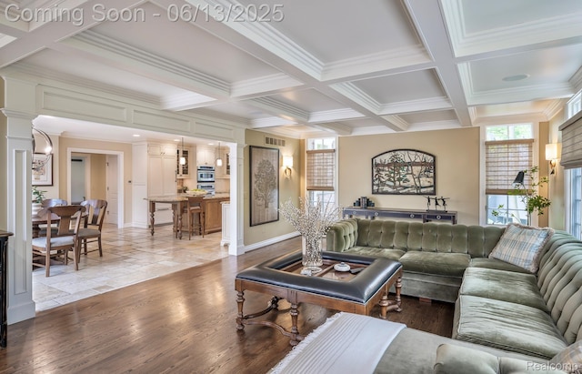 3320 Morningview Ter, Bloomfield Hills, MI 48301 - living room featuring coffered ceiling, healthy amount of natural light, crown molding, beam ceiling, and wood finished floors