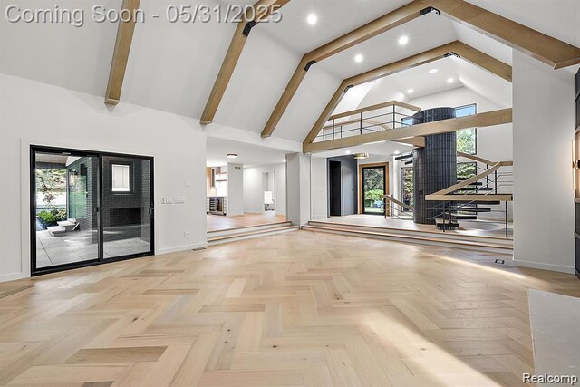 1367 W Long Lake Rd, Bloomfield Hills, MI 48302 - foyer featuring baseboards, high vaulted ceiling, plenty of natural light, recessed lighting, and stairway