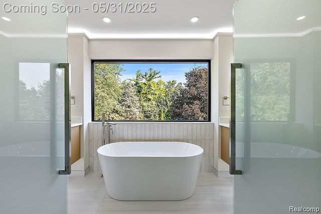 1367 W Long Lake Rd, Bloomfield Hills, MI 48302 - bathroom featuring a freestanding bath, vanity, recessed lighting, and tile patterned floors