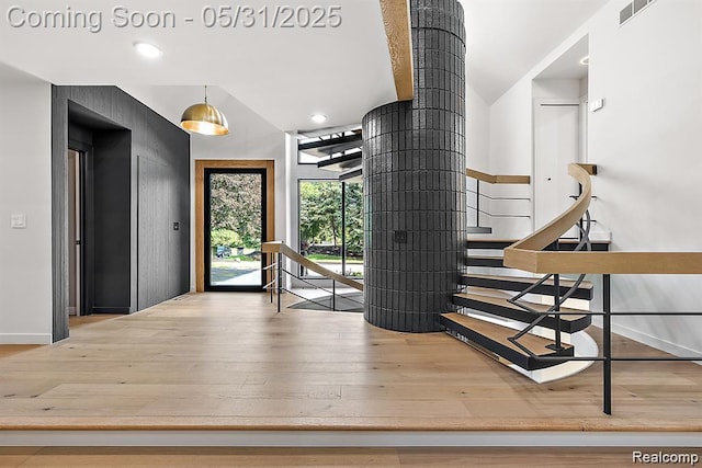 1367 W Long Lake Rd, Bloomfield Hills, MI 48302 - foyer featuring lofted ceiling, hardwood / wood-style flooring, and baseboards