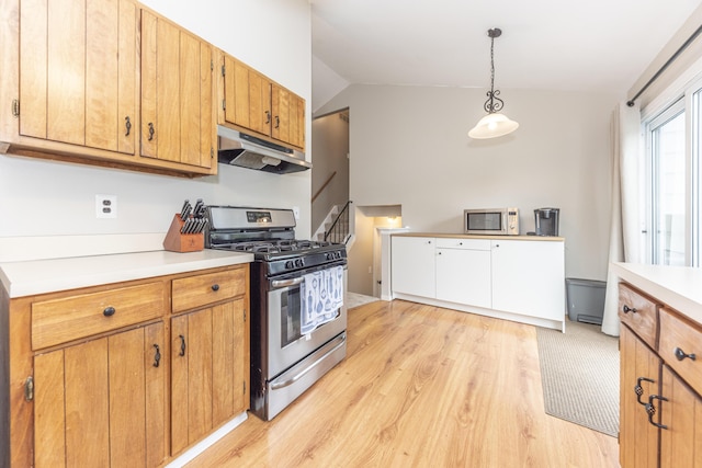 204 Meadowlake Rd, Canton, MI 48188 - kitchen featuring appliances with stainless steel finishes, under cabinet range hood, light countertops, light wood-type flooring, and vaulted ceiling