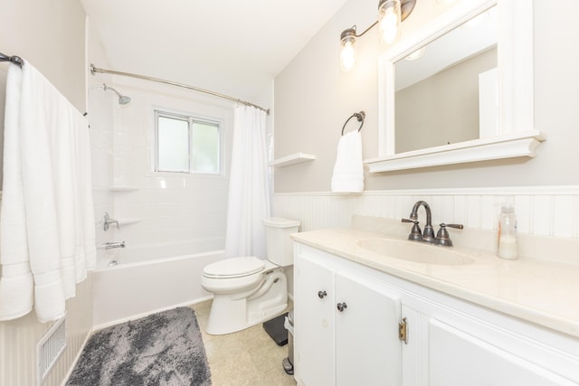 204 Meadowlake Rd, Canton, MI 48188 - bathroom with shower / bathtub combination with curtain, vanity, toilet, wainscoting, and tile patterned floors