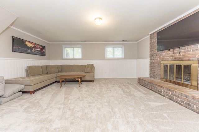204 Meadowlake Rd, Canton, MI 48188 - living area with a wainscoted wall, carpet floors, a brick fireplace, and ornamental molding