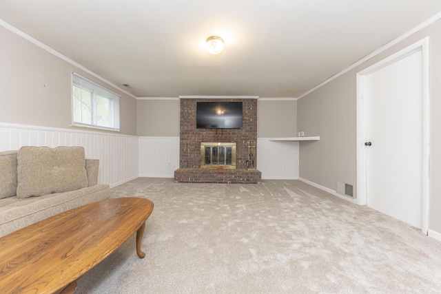 204 Meadowlake Rd, Canton, MI 48188 - carpeted living area featuring ornamental molding, a brick fireplace, and wainscoting