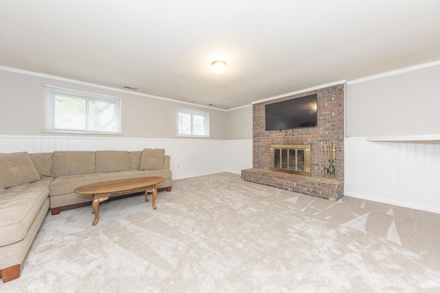 204 Meadowlake Rd, Canton, MI 48188 - living area with wainscoting, ornamental molding, a brick fireplace, and carpet