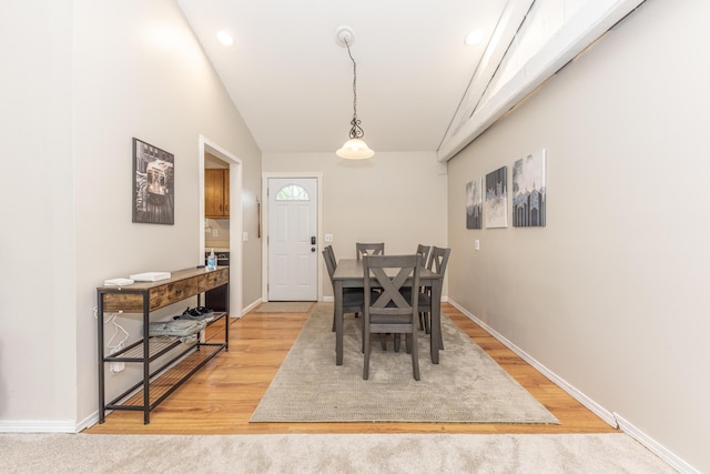 204 Meadowlake Rd, Canton, MI 48188 - dining room featuring light wood finished floors, vaulted ceiling, baseboards, and recessed lighting