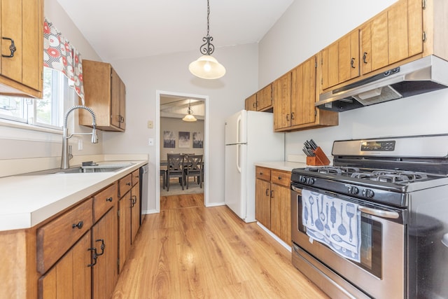204 Meadowlake Rd, Canton, MI 48188 - kitchen featuring stainless steel appliances, under cabinet range hood, a sink, light wood-style floors, and light countertops