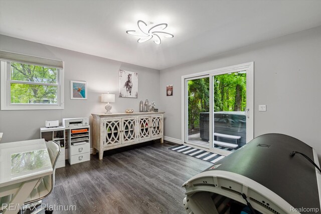 4298 Emu Dr, Pinckney, MI 48169 - bedroom featuring access to outside, dark wood-style floors, and baseboards