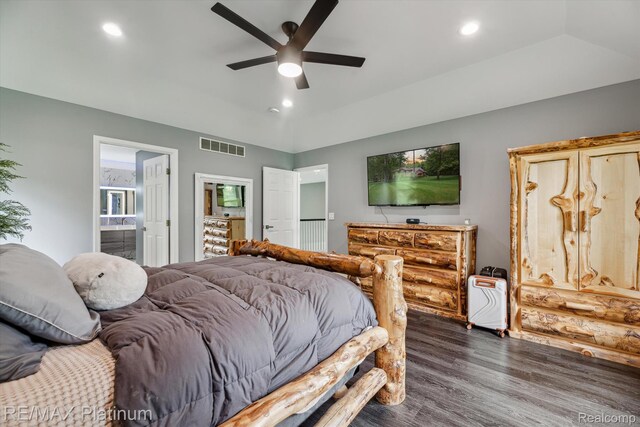 4298 Emu Dr, Pinckney, MI 48169 - bedroom featuring dark wood finished floors, recessed lighting, ensuite bathroom, and a ceiling fan