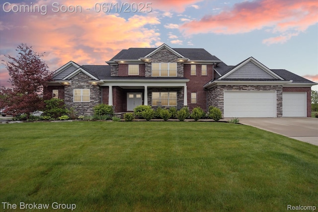 6268 Victoria Ln, Swartz Creek, MI 48473 - craftsman-style home with a front lawn, driveway, an attached garage, stone siding, and a porch